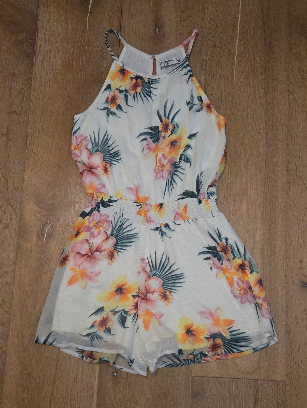 Abercrombie Kids Hawaiian Floral Print Romper Pockets White Green Peach 13/14